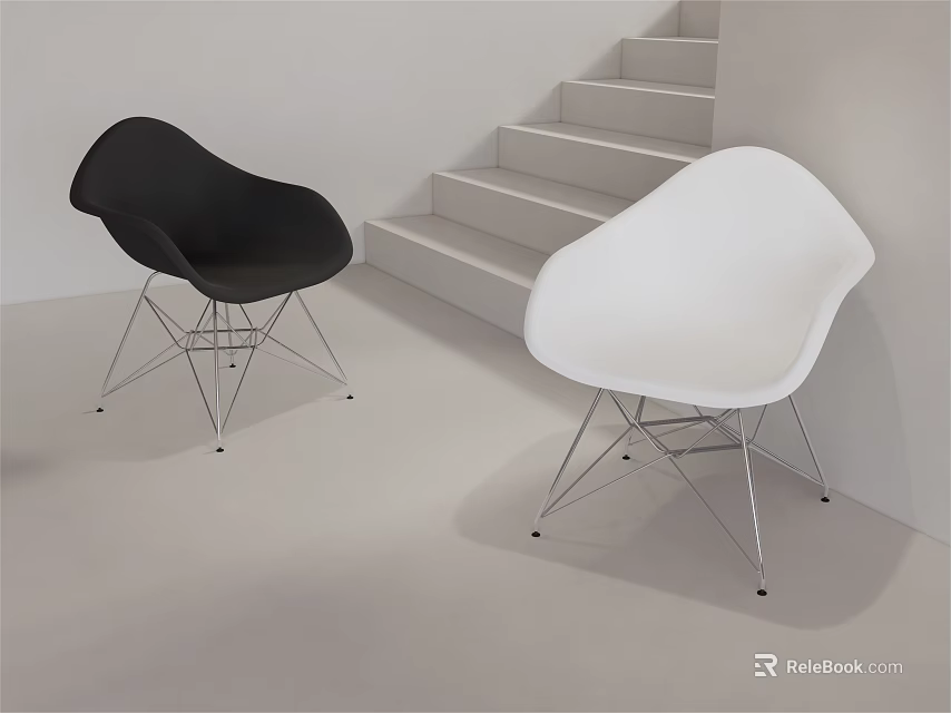 Modern Black and White Leisure Chairs with Metal Wire Legs in Staircase Background 3d model 