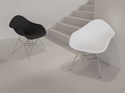 Modern Black and White Leisure Chairs with Metal Wire Legs in Staircase Background 3d model