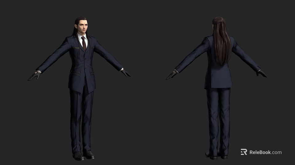 Man In Dark Suit With Tie And Long Hair Arms Outstretched Front Back Views 3d model 