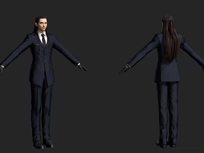 Man In Dark Suit With Tie And Long Hair Arms Outstretched Front Back Views 3d model