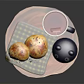 Fresh Buns with Favorite Tea Cup and Cartoon Bear Lid on Wooden Tray Checkered Cloth