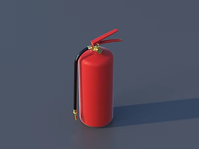 Red Fire Extinguisher with Black Hose Gold Valve and Handle on Gray Background 3d model