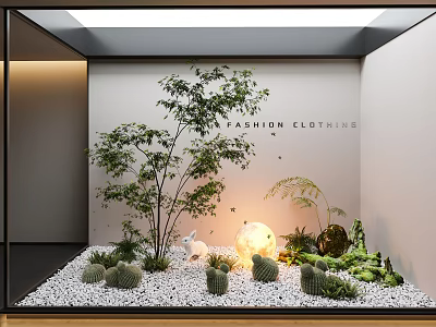 Indoor Garden Decorations With Green Plants Cacti Ferns Pebbles Rabbit Figurine And Round Lamp 3d model