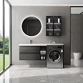 Modern Bathroom Cabinet With Washing Machine Round Mirror Black Wall Cabinet And Marble Countertop