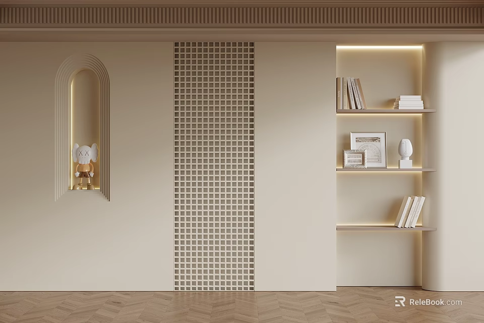 Beige Sofa Backdrop Wall With Grid Pattern Arched Niche Lit Shelves And Herringbone Floor 3d model