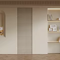 Beige Sofa Backdrop Wall With Grid Pattern Arched Niche Lit Shelves And Herringbone Floor 3d model