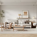 Modern Living Room Interior With Light Gray Sofa Wooden Coffee Table And Beige Herringbone Rug