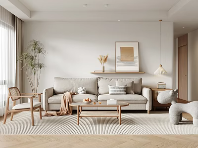 Modern Living Room Interior With Light Gray Sofa Wooden Coffee Table And Beige Herringbone Rug 3d model