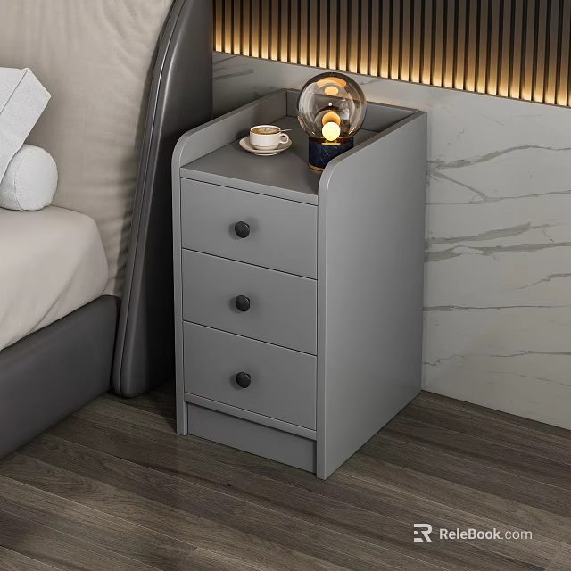 Gray Bedside Table With Three Drawers Lamp And Coffee Cup Next To Bed 3d model 