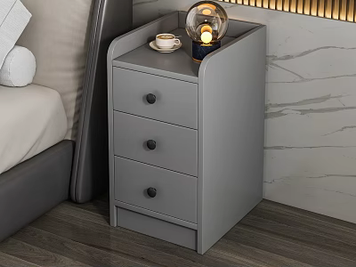 Gray Bedside Table With Three Drawers Lamp And Coffee Cup Next To Bed 3d model
