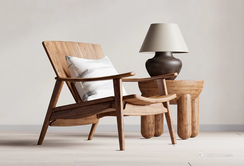 Wooden Lounge Chair with White Cushion and Side Table Brown Base Light Shade Lamp 3d model 