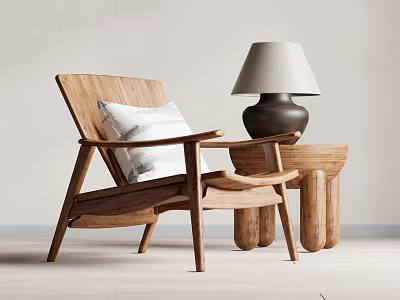 Wooden Lounge Chair with White Cushion and Side Table Brown Base Light Shade Lamp 3d model