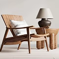 Wooden Lounge Chair with White Cushion and Side Table Brown Base Light Shade Lamp