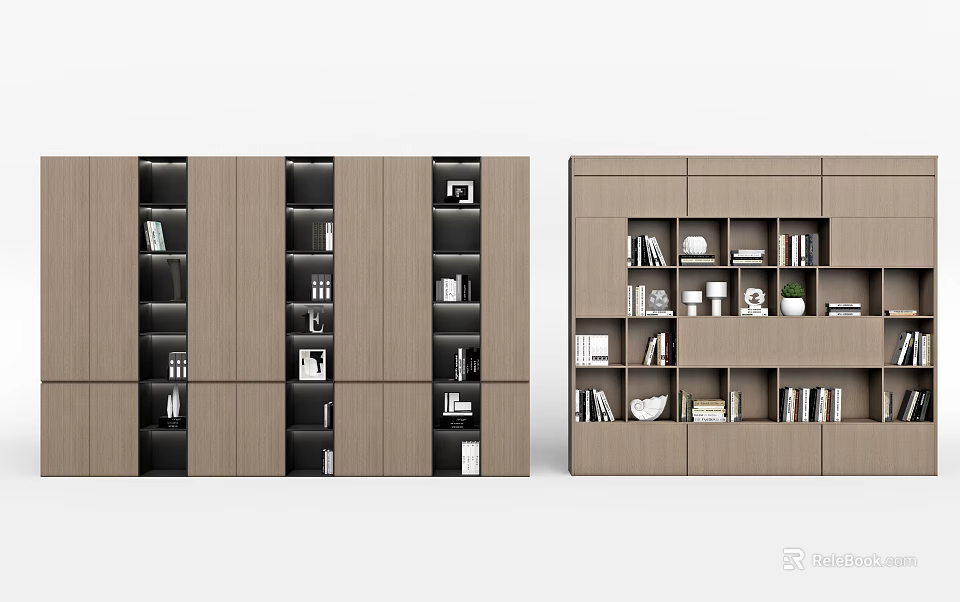 Modern Wooden Bookcase Interior With Open Shelves Books And Decorative Objects 3d model 