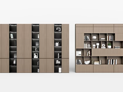Modern Wooden Bookcase Interior With Open Shelves Books And Decorative Objects 3d model