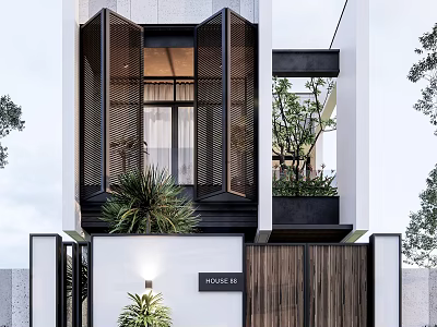 Stylish Modern Detached Villa Exterior With Large Lattice Windows And Green Plants 3d model