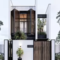 Stylish Modern Detached Villa Exterior With Large Lattice Windows And Green Plants
