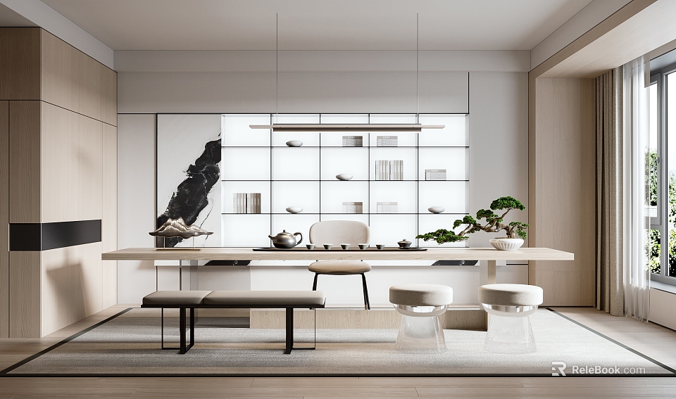Modern Tea Room Interior Design With Long Table Tea Sets Green Plants And Hanging Lights 3d model 