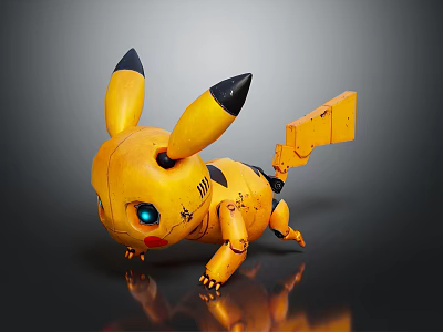 Mechanical Style Yellow Creature Character With Black Tipped Ears Blue Eyes And Square Tail 3d model