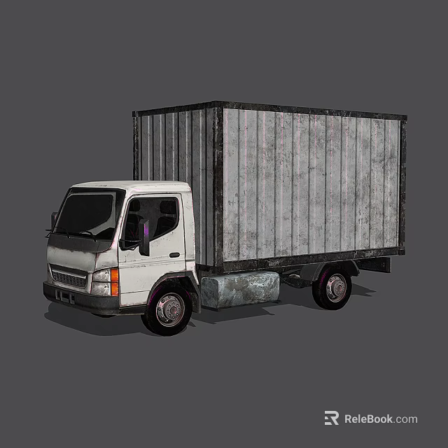 White Utility Box Truck With Aged Metal Cargo Container And Striped Exterior 3d model 