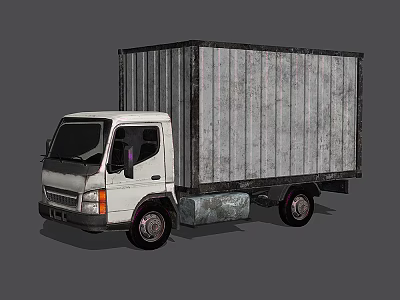 White Utility Box Truck With Aged Metal Cargo Container And Striped Exterior 3d model