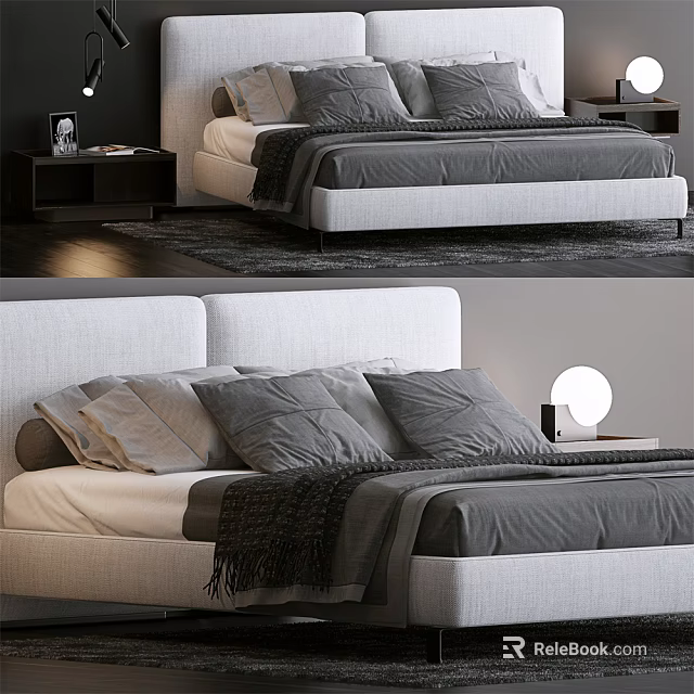 Modern Double Bed With Light Gray Bedding Pillows Blanket And Nightstand Table Lamp 3d model 