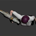 Game Movie Character With Purple Hair White Shirt Black Pants Holding Golden Axe And Device