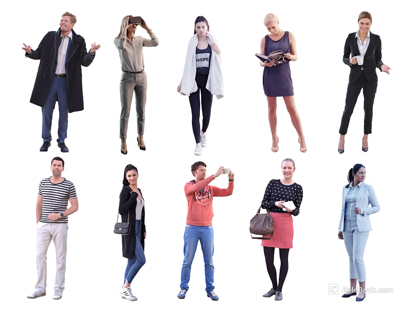 Group of People Standing in Various Poses With Different Casual Formal Outfits 3d model 