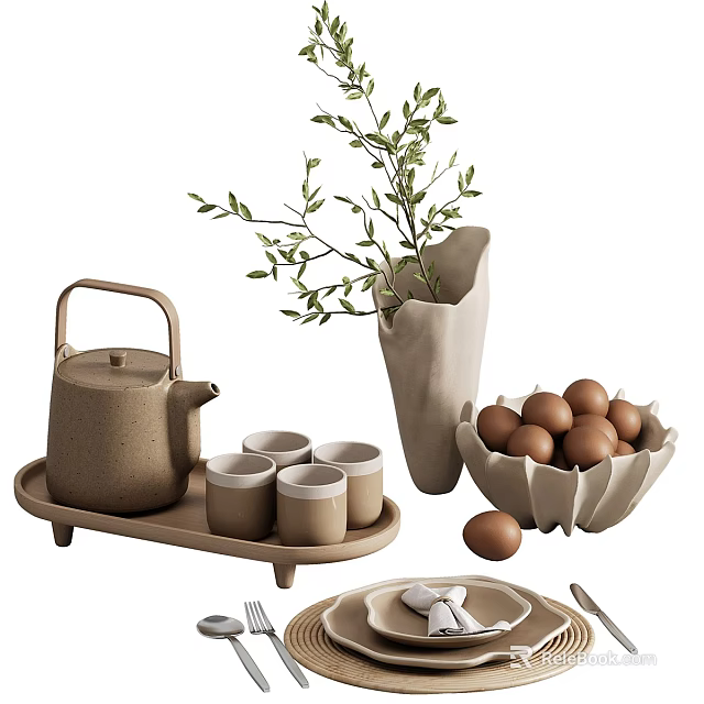 Minimalist Tableware Set With Teapot Cups Tray Vase Egg Bowl And Plates 3d model 