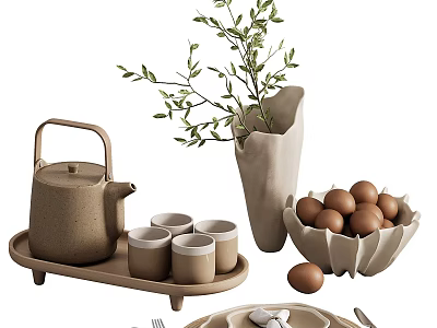 Minimalist Tableware Set With Teapot Cups Tray Vase Egg Bowl And Plates 3d model