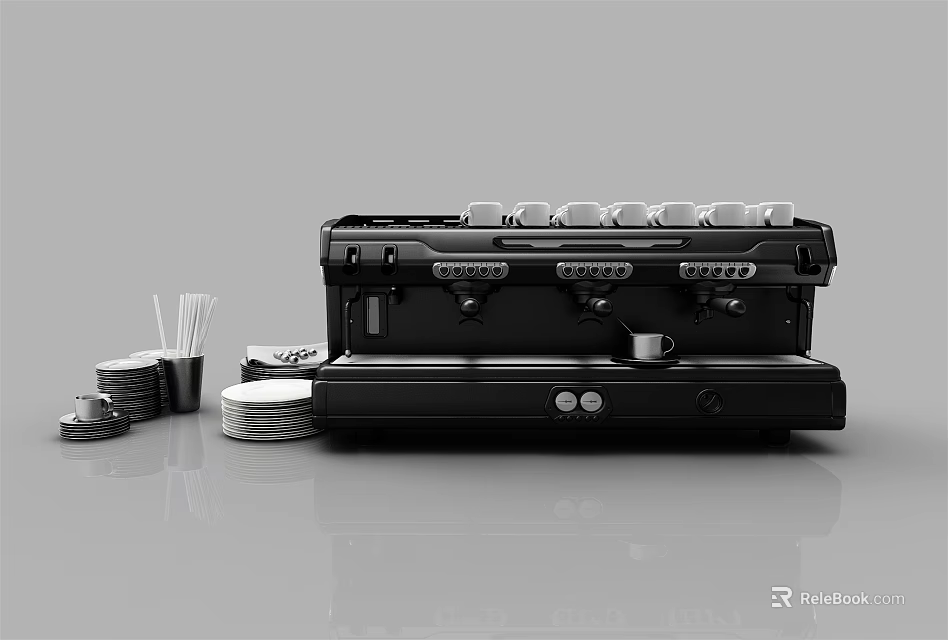 Modern Stylish Black Espresso Coffee Machine With Coffee Cups And Stirrers 3d model 