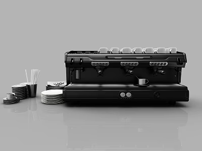 Modern Stylish Black Espresso Coffee Machine With Coffee Cups And Stirrers 3d model