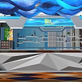 Modern Store Front Desk with Blue White Theme Geometric Design Marble Countertop Lifebuoy Anchor Decor