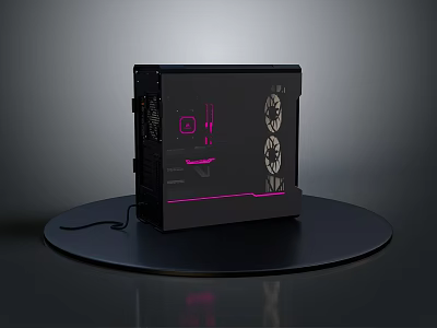 Black Computer Case With Transparent Side Panel And Pink LED Lighting Fans On Display Stand 3d model
