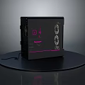Black Computer Case With Transparent Side Panel And Pink LED Lighting Fans On Display Stand