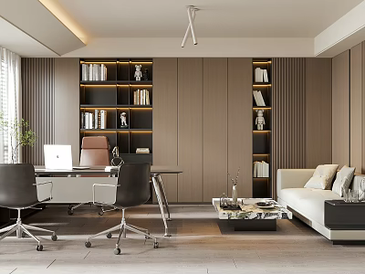 Modern Office Interior Design With Bookshelves Desk Chairs And Sofa 3d model