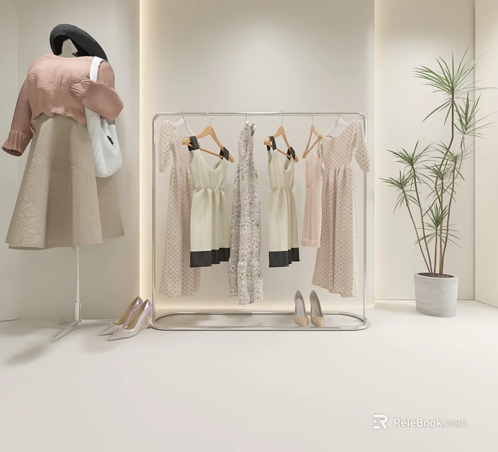 Model In Pink Top And Beige Skirt With White Bag Near Hanging Dresses Heels And Plant 3d model 