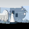 Wedding Stage Display With White Wedding Dress Model Blue Flowers And Lighting Decorations
