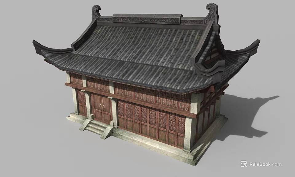 Cartoon Scene Of Traditional Chinese Architecture With Curved Eaves And Tile Roof 3d model 