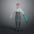 Man With Brown Hair And Mustache Wearing Green Apron Suspenders And Mechanical Arm