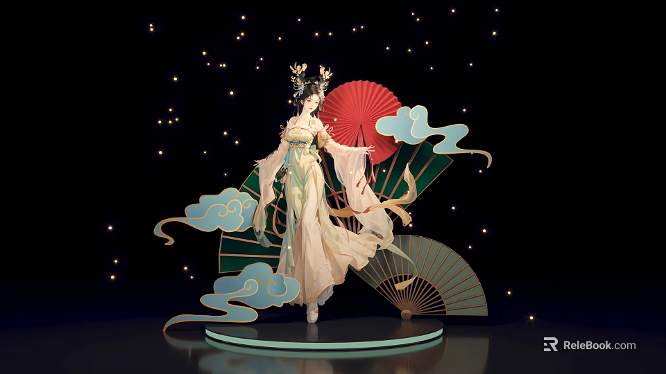 Traditional Chinese Themed Figure With Red Green Fans Cloud Decorations And Starry Background 3d model 