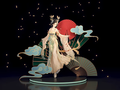 Traditional Chinese Themed Figure With Red Green Fans Cloud Decorations And Starry Background 3d model