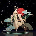 Traditional Chinese Themed Figure With Red Green Fans Cloud Decorations And Starry Background