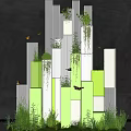 Art Installation With Green And White Columnar Structures Plants And Butterflies On Black Background