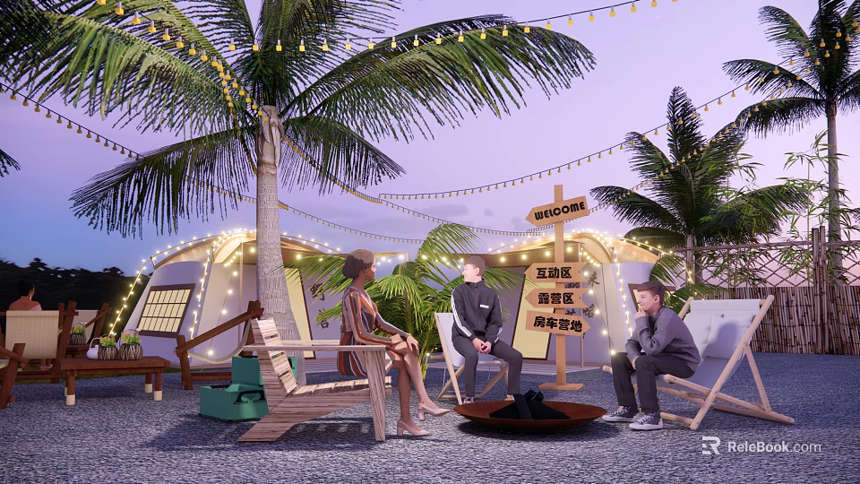Popular Photo Check In Spot With Palm Trees String Lights And Cozy Outdoor Seating Area 3d model 
