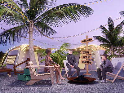 Popular Photo Check In Spot With Palm Trees String Lights And Cozy Outdoor Seating Area 3d model
