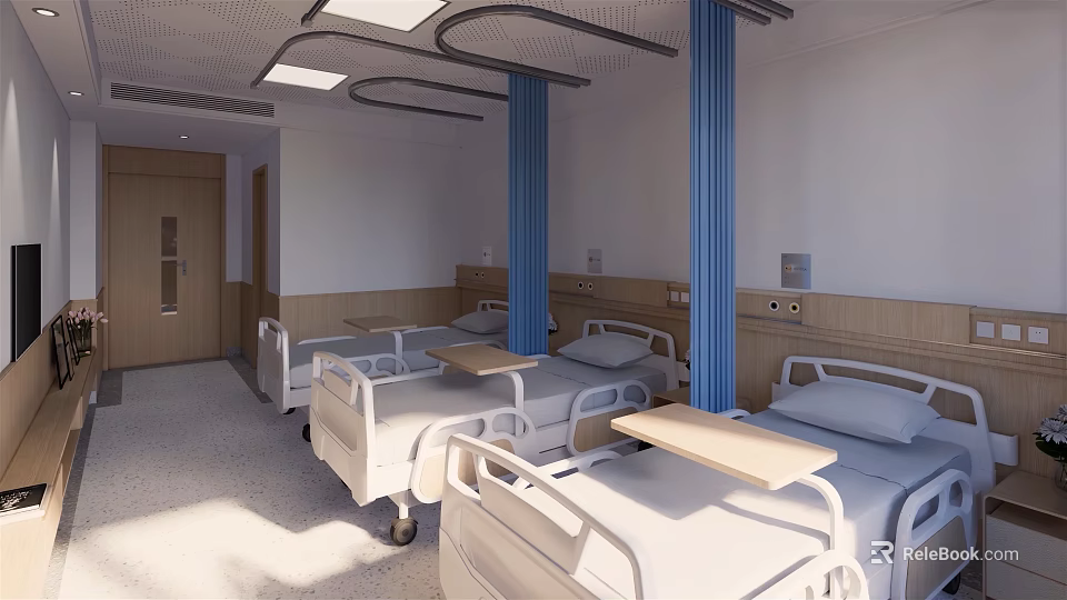 Hospital Ward Interior With Multiple Beds Blue Pillars And Wooden Walls 3d model 