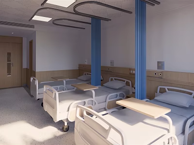 Hospital Ward Interior With Multiple Beds Blue Pillars And Wooden Walls 3d model