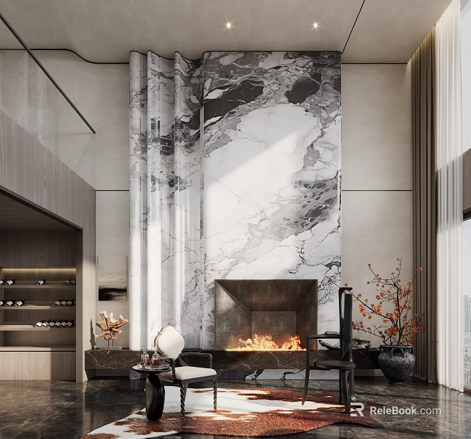 Modern Living Room Interior Design With Marble Accent Wall Fireplace And Burning Fire 3d model 