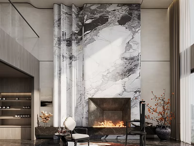 Modern Living Room Interior Design With Marble Accent Wall Fireplace And Burning Fire 3d model